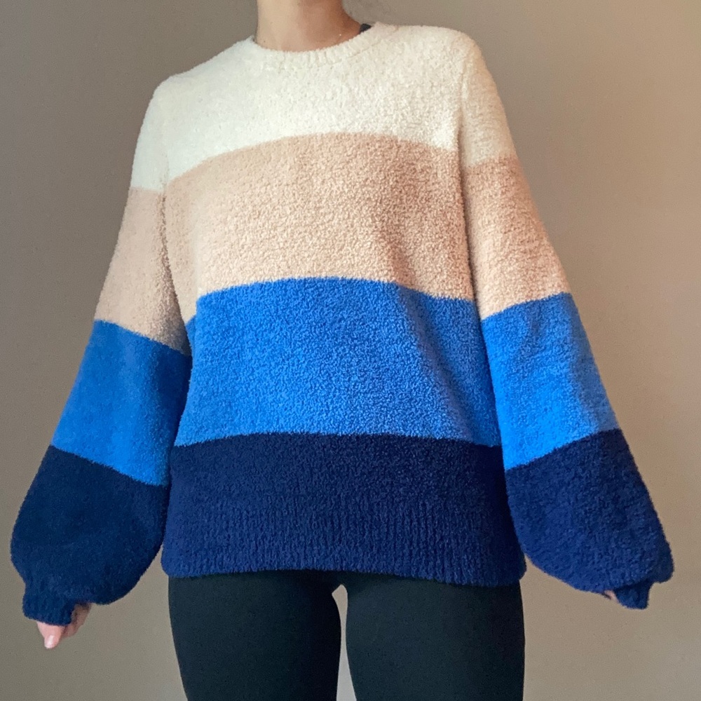 Soft Fuzzy Colorblock Balloon Sleeve Crewneck Sweater